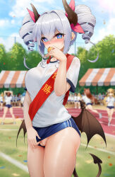 Rule 34 | 6+girls, absurdres, bandaid, bandaid on pussy, black horns, black tail, black wings, blue buruma, blue eyes, blurry, blurry background, blush, breasts, buruma, buruma aside, clothing aside, cloud, cloudy sky, commentary request, confetti, covered mouth, cowboy shot, crossed bangs, day, demon girl, demon horns, demon tail, drill hair, fingernails, grass, grey hair, gym shirt, gym uniform, hair between eyes, heart, heart-shaped pupils, heart tail, highres, holding, horns, large breasts, looking at viewer, low wings, medal, multiple girls, niliu chahui, no panties, original, outdoors, paid reward available, running track, sash, shione (niliu chahui), shirt, short sleeves, shoulder sash, sidelocks, sky, solo focus, sports festival, sweat, symbol-shaped pupils, tail, tree, white shirt, wings