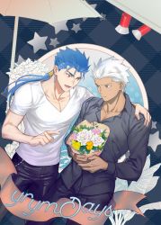 Rule 34 | 2boys, alternate costume, archer (fate), blue hair, blush, bouquet, casual, couple, cu chulainn (fate), dark skin, dark-skinned male, earrings, emya, fate/grand order, fate/stay night, fate (series), flower, grey eyes, hand on another&#039;s shoulder, jewelry, cu chulainn (fate/stay night), male focus, multiple boys, muscular, pectorals, ponytail, red eyes, short hair, white hair