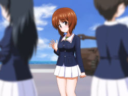 Rule 34 | 3girls, blue jacket, blue sky, blurry, blurry background, blurry foreground, brown eyes, brown hair, closed mouth, cloud, cloudy sky, commentary, day, depth of field, doutanuki, girls und panzer, green shirt, horizon, jacket, long hair, long sleeves, looking at viewer, military, military uniform, military vehicle, miniskirt, motor vehicle, multiple girls, nishizumi miho, ocean, ooarai military uniform, outdoors, panzer iv, panzer iv, pleated skirt, shirt, short hair, skirt, sky, smile, standing, tank, uniform, waving