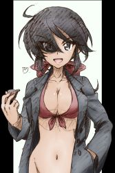 Rule 34 | 1girl, artist name, bad id, bad twitter id, bikini, black coat, black eyes, black hair, bow, breasts, cleavage, coat, colored pencil (medium), commentary, dark-skinned female, dark skin, dixie cup hat, erakin, eyes visible through hair, front-tie bikini top, front-tie top, girls und panzer, hair bow, hair over one eye, hand in pocket, hat, highres, holding, long coat, long hair, looking at viewer, medium breasts, military hat, navel, no headwear, ogin (girls und panzer), open clothes, open coat, open mouth, pillarboxed, ponytail, red bikini, red bow, signature, smile, smoking pipe, solo, standing, swimsuit, traditional media, upper body, white hat
