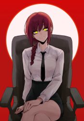 Rule 34 | 1girl, black necktie, braid, chainsaw man, chair, closed mouth, crossed legs, glowing, glowing eyes, hair over shoulder, head tilt, highres, j.k., long hair, long sleeves, looking at viewer, makima (chainsaw man), miniskirt, necktie, office chair, ringed eyes, shirt, sitting, skirt, smile, solo, swivel chair, white shirt, yellow eyes