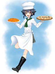 Rule 34 | 10s, 1girl, anzio military uniform, apron, black footwear, black hair, boots, braid, brown eyes, chef, chef hat, commentary request, food, girls und panzer, green neckerchief, grey skirt, hair tie, hat, highres, holding, holding plate, holding tray, jacket, knee boots, leg up, long sleeves, looking at viewer, neckerchief, open mouth, partial commentary, pasta, pepperoni (girls und panzer), pizza, plate, ruka (piyopiyopu), short hair, side braid, skirt, smile, solo, standing, standing on one leg, tray, waist apron, white apron, white jacket
