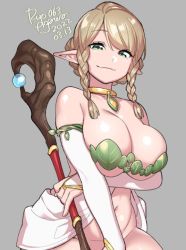 Rule 34 | 1girl, agawa ryou, arm under breasts, bare shoulders, blonde hair, braid, breasts, collar, curvy, elf, green eyes, grey background, large breasts, looking at viewer, navel, original, pointy ears, solo