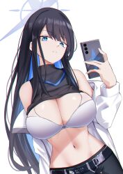 Rule 34 | 1girl, bare shoulders, belt, black belt, black hair, black shirt, blue archive, blue eyes, blue hair, bra, breasts, buckle, cellphone, cleavage, clothes lift, coat, colored inner hair, commentary, crop top, dutch angle, espada gcon, groin, halo, highres, holding, holding phone, large breasts, long hair, looking at viewer, midriff, multicolored hair, navel, no headwear, no mask, off shoulder, open clothes, open coat, pants, parted lips, phone, saori (blue archive), selfie, shirt, shirt lift, simple background, sleeveless, sleeveless shirt, smartphone, snap-fit buckle, solo, standing, two-tone hair, underwear, white background, white bra, white coat