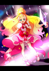 Rule 34 | 1girl, :d, aqua eyes, blonde hair, bow, crystal, cure flora, earrings, gloves, go! princess precure, gradient hair, haruno haruka, highres, jewelry, letterboxed, looking at viewer, magical girl, multicolored hair, open mouth, pink hair, precure, smile, solo, two-tone hair, waist bow, watari (hasumi rina), white gloves