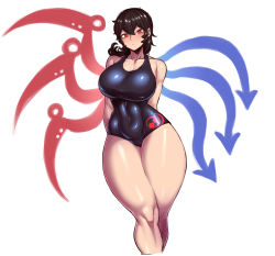 Rule 34 | 1girl, arms behind back, asymmetrical wings, black hair, black one-piece swimsuit, blue wings, breasts, collarbone, competition swimsuit, covered navel, expressionless, feet out of frame, flipped hair, highres, houjuu nue, large breasts, legs together, long legs, looking at viewer, one-piece swimsuit, red eyes, red wings, short hair, slit pupils, solo, spacezin, standing, stomach, swimsuit, thick thighs, thighs, toned, touhou, white background, wide hips, wings