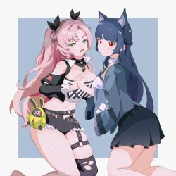 Rule 34 | 2girls, :d, absurdres, animal ear fluff, animal ears, bangboo (zenless zone zero), bare shoulders, black ribbon, black shorts, black skirt, black thighhighs, blue background, blue hair, blue jacket, blunt bangs, border, braid, breasts, cleavage, clothing cutout, commentary request, cutoffs, french braid, green eyes, grey border, hair ornament, hair ribbon, hairclip, highres, hoshimi miyabi, jacket, kneeling, kuangkuangti, large breasts, long hair, long sleeves, looking at viewer, midriff, miniskirt, multiple girls, nail polish, navel, nicole demara, open mouth, outside border, pink hair, pleated skirt, red eyes, ribbon, short shorts, shorts, shoulder cutout, simple background, single thighhigh, skindentation, skirt, smile, stomach, strapless, thighhighs, thighs, tube top, two side up, very long hair, zenless zone zero