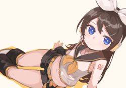 Rule 34 | 1girl, bare shoulders, beige background, belt, belt buckle, black sailor collar, black shorts, blue eyes, bow, bright pupils, brown hair, buckle, closed mouth, commentary request, cosplay, crop top, detached sleeves, feet out of frame, fingernails, from above, goe (g-o-e), hair bow, hair ornament, hairclip, headset, highres, kagamine rin, kagamine rin (cosplay), kagura hikari, leg warmers, light blush, long hair, looking at viewer, looking up, nail polish, navel, neckerchief, sailor collar, shirt, shoes, short shorts, shorts, shoujo kageki revue starlight, shoulder tattoo, simple background, sitting, sleeveless, sleeveless shirt, solo, stomach, tattoo, vocaloid, white bow, white footwear, white pupils, white shirt, yellow belt, yellow nails, yellow neckerchief