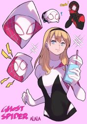 Rule 34 | 1girl, animification, blonde hair, blue eyes, blush, bodysuit, breasts, closed mouth, gloves, gwen stacy, hair ornament, hairband, highres, hood, hooded bodysuit, long hair, looking at viewer, marvel, mask, medium breasts, miles morales, short hair, silk, simple background, skin tight, smile, spider-gwen, spider-man: into the spider-verse, spider-man (miles morales), spider-man (series), spider-verse, spider web, spider web print, superhero costume, sushi pizza rrr