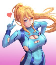 Rule 34 | 1girl, absurdres, blonde hair, blue eyes, breasts, cleavage, covered navel, cowboy shot, from above, heart, highres, index finger raised, large breasts, metroid, mole, mole under mouth, nintendo, parted lips, ponytail, samus aran, solo, torn clothes, zero suit