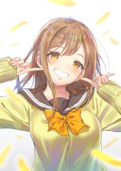 Rule 34 | 1girl, blush, bow, bowtie, brown hair, cardigan, commentary request, feathers, grin, kotori asobu, kunikida hanamaru, long hair, looking at viewer, love live!, love live! sunshine!!, pointing, pointing at self, school uniform, serafuku, sleeves past wrists, smile, solo, textless version, upper body, yellow bow, yellow bowtie, yellow cardigan, yellow eyes, yellow feathers