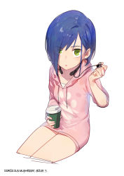 Rule 34 | 10s, 1girl, absurdres, artist name, blue hair, commentary, cropped legs, cup, darling in the franxx, dated, drawstring, earbuds, earphones, eyes visible through hair, gorgeous mushroom, green eyes, hair over one eye, highres, holding, hood, hood down, hoodie, ichigo (darling in the franxx), looking at viewer, parted lips, paw print, pink hoodie, revision, short hair, signature, simple background, sitting, solo, white background