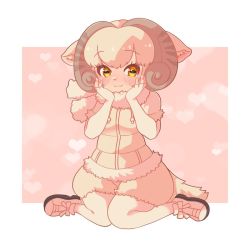 Rule 34 | 1girl, :3, animal ears, blush, coat, commentary request, drawstring, elbow gloves, fur collar, fur trim, gloves, hands on own cheeks, hands on own face, horns, kemono friends, looking at viewer, majikaru pokonyan, pantyhose, puffy coat, sheep (kemono friends), sheep ears, sheep girl, sheep horns, sheep tail, shoes, short hair, shorts, sitting, sneakers, solo, tail, wariza, white coat, white footwear, white fur, white gloves, white hair, white pantyhose, white shorts, yellow eyes