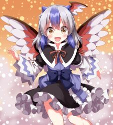 Rule 34 | 1girl, :d, bird wings, black capelet, black skirt, blue bow, blue shirt, blush, bow, brown eyes, capelet, commentary request, cone horns, cowboy shot, frilled skirt, frills, grey hair, head wings, highres, horns, long sleeves, multicolored hair, open mouth, purple hair, purple horns, red ribbon, red wings, ribbon, ruu (tksymkw), shirt, single head wing, skirt, smile, solo, tokiko (touhou), touhou, two-tone hair, two-tone wings, white hair, wide sleeves, wings