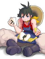 Rule 34 | 1girl, alternate costume, androgynous, black hair, boots, capcom, eating, food, fu (oufu), hat, jumpsuit, makoto (street fighter), muscular, solo, street fighter, street fighter iii (series), street fighter iv (series), tomboy