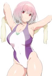 Rule 34 | 1girl, armpits, arms up, bare shoulders, breasts, cleavage, closed mouth, competition swimsuit, covered navel, gridman universe, highres, hip focus, large breasts, light purple hair, looking at viewer, nekoshoko, one-piece swimsuit, purple one-piece swimsuit, red eyes, shinjou akane, short hair, simple background, solo, ssss.gridman, swimsuit, thighs, towel, two-tone swimsuit, white background, white one-piece swimsuit