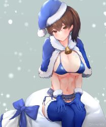Rule 34 | 1girl, alternate costume, bikini, blue bikini, blue gloves, blue hat, blue thighhighs, breasts, brown eyes, brown hair, cleavage, feet out of frame, fur-trimmed gloves, fur-trimmed headwear, fur-trimmed thighhighs, fur trim, garter belt, gloves, hat, kaga (kancolle), kantai collection, large breasts, long hair, looking at viewer, mani oniniku, sack, santa hat, side-tie bikini bottom, side ponytail, sitting, snow, solo, swimsuit, thighhighs
