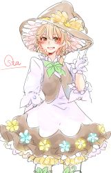 Rule 34 | 1girl, bad id, bad pixiv id, blush, cowboy shot, dress, embellished costume, flower, gloves, grin, hat, highres, kirisame marisa, looking at viewer, puffy sleeves, short hair, signature, smile, solo, sou futoshi, souta (karasu no ouchi), touhou, white gloves, witch, witch hat
