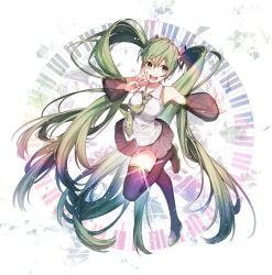 Rule 34 | 1girl, absurdly long hair, black footwear, black thighhighs, boots, detached sleeves, full body, green eyes, green hair, hanagata, hatsune miku, long hair, necktie, open mouth, outstretched arm, see-through, skirt, solo, thigh boots, thighhighs, twintails, v, very long hair, vocaloid, zettai ryouiki
