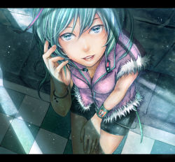 Rule 34 | 1girl, absurdres, aqua eyes, aqua hair, bad id, bad pixiv id, female focus, from above, hatsune miku, headphones, headset, highres, hiziri, indoors, letterboxed, long hair, smile, solo, twintails, vocaloid