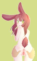 Rule 34 | animal ears, anus, artist request, ass, blush, brown hair, disembodied hand, green background, green eyes, highres, nude, open mouth, pussy, rabbit ears, rabbit tail, simple background, spread anus, spread ass, tail, uncensored