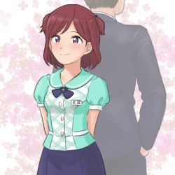 Rule 34 | 1boy, 1girl, aoba misaki, aqua shirt, arms behind back, back-to-back, black neckwear, black skirt, black suit, blush, bob cut, cal (onecmcubed), character name, commentary, cowboy shot, floral background, formal, hair tie, hands in pockets, idolmaster, idolmaster million live!, idolmaster million live! theater days, name tag, parted bangs, plaid, plaid shirt, producer (idolmaster), red eyes, red hair, shirt, short hair, skirt, smile, solo focus, suit, translated, two side up, white background