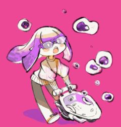Rule 34 | 1girl, blush stickers, commentary, full body, glasses, holding, inkling, inkling girl, inkling player character, long hair, mota, nintendo, open mouth, purple hair, simple background, solo, splatoon (series), sweater, tentacle hair