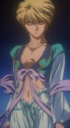 Rule 34 | 1990s (style), anime screenshot, blonde hair, closed eyes, fushigi yuugi, hongo yui, jewelry, midriff, necklace, retro artstyle, screencap, short hair, stitched, third-party edit