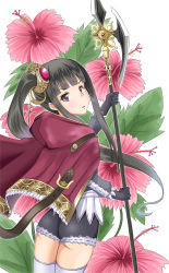 Rule 34 | 1girl, amamiya akira, ass, atelier (series), atelier totori, blush, brown hair, cape, female focus, flower, from behind, gloves, hair ornament, long hair, looking back, mimi houllier von schwarzlang, open mouth, parted lips, polearm, ponytail, purple eyes, side ponytail, spear, thighhighs, weapon
