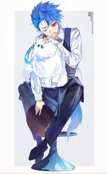 Rule 34 | 1boy, absurdres, animal, asymmetrical bangs, bar stool, bartender, blue hair, child, cu chulainn (fate), dog, earrings, eeju, fate/grand order, fate (series), full body, highres, holding, holding tray, jewelry, long hair, long sleeves, looking at viewer, male focus, patting, puppy, red eyes, samoyed (dog), setanta (fate), shirt, signature, simple background, sitting, solo, stool, sweatdrop, tray, waistcoat, white background, white dog, white shirt