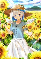 Rule 34 | 1girl, amane kanata, angel wings, armband, blue bow, blue shirt, blush, bob cut, bow, closed mouth, cloud, colored inner hair, day, field, flower, flower field, hair between eyes, hat, hat bow, hat ornament, highres, holding, holding flower, hololive, inaka 44, looking at viewer, mini wings, multicolored hair, outdoors, outstretched hand, pleated skirt, purple eyes, shirt, short hair, short sleeves, silver hair, single hair intake, skirt, sky, smile, solo, standing, straw hat, sunflower, sunflower field, t-shirt, virtual youtuber, white skirt, wings, yellow flower