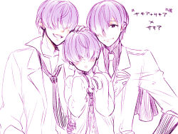 Rule 34 | 3boys, blush, closed mouth, hair over eyes, kanades0u, long bangs, long sleeves, looking at viewer, male focus, multiple boys, multiple persona, open mouth, oversized clothes, partially colored, purple eyes, purple hair, sakia (yume-100), short hair, sketch, smile, yume oukoku to nemureru 100-nin no ouji-sama