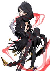 Rule 34 | 1girl, absurdres, bayonetta, bayonetta (series), bayonetta 3, black hair, braid, glasses, highres, long hair, looking at viewer, meltyrice, sega, simple background, smug, solo, standing, twin braids, twintails, white background, witch
