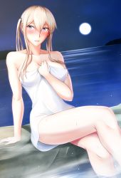Rule 34 | 1girl, absurdres, blonde hair, breasts, collarbone, commentary request, feet out of frame, graf zeppelin (kancolle), grey eyes, hair between eyes, highres, kantai collection, large breasts, long hair, misono chiaki, moon, naked towel, night, rock, sidelocks, sitting, soaking feet, solo, towel, tsurime, twintails, white towel