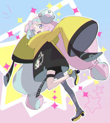 Rule 34 | 1girl, bow-shaped hair, character hair ornament, creatures (company), game freak, grey footwear, grey pantyhose, hair ornament, hexagon print, highres, iono (pokemon), jacket, long hair, low-tied long hair, mitsuha (bless blessing), multicolored hair, nintendo, oversized clothes, pantyhose, pink eyes, pink hair, pokemon, pokemon sv, sharp teeth, shirt, single leg pantyhose, sleeveless, sleeveless shirt, sleeves past fingers, sleeves past wrists, solo, teeth, twintails, two-tone hair, very long hair, yellow jacket