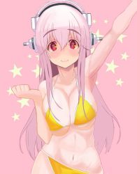 Rule 34 | 1girl, arm up, bikini, blush, breasts, cleavage, headphones, heart, heart-shaped pupils, large breasts, long hair, looking at viewer, navel, nitroplus, pink hair, red eyes, smile, solo, star (symbol), super sonico, swimsuit, symbol-shaped pupils, yuuki (irodo rhythm)