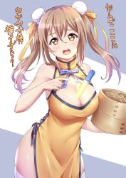 Rule 34 | 1girl, alternate hairstyle, between breasts, blush, breasts, brown eyes, brown hair, bun cover, china dress, chinese clothes, cleavage, cleavage cutout, clothing cutout, double bun, dress, glowstick, hair bun, highres, holding, kanabun, kunikida hanamaru, large breasts, long hair, looking at viewer, love live!, love live! sunshine!!, open mouth, side slit, solo, standing, tagme, thighhighs, thighs, translation request, twintails, white thighhighs