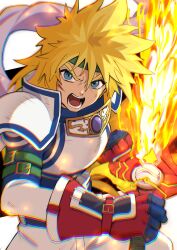 Rule 34 | 1boy, absurdres, amidatto, angry, armor, blonde hair, blue eyes, bodysuit, cape, clenched hand, fingerless gloves, flaming sword, flaming weapon, gloves, green headband, headband, highres, holding, holding sword, holding weapon, injury, long hair, male focus, open mouth, pants, solo, stahn aileron, sword, tales of (series), tales of destiny, v-shaped eyebrows, weapon, white pants
