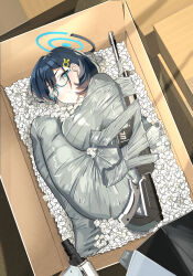 Rule 34 | 1girl, absurdres, aqua-framed eyewear, arms behind back, bdsm, black hair, blue archive, bondage, bound, box, breasts, chihiro (blue archive), glasses, green eyes, hair between eyes, hair ornament, halo, highres, in box, in container, large breasts, looking at viewer, mummification (bound), rabbit hair ornament, restrained, seirein (seireinnnn), semi-rimless eyewear, short hair, solo, under-rim eyewear