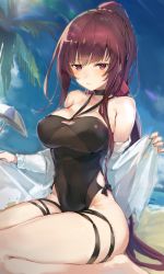 Rule 34 | 1girl, bad id, bare hips, bare shoulders, beach, black one-piece swimsuit, bleu sky, blush, braid, breasts, cleavage, clothing cutout, collarbone, crown braid, cruel gz, day, girls&#039; frontline, hair ribbon, highres, large breasts, long hair, looking at viewer, ocean, off shoulder, official alternate costume, one-piece swimsuit, one side up, outdoors, ponytail, purple hair, red eyes, ribbon, sand, seiza, shirt, side cutout, sitting, solo, swimsuit, tsurime, undressing, very long hair, wa2000 (girls&#039; frontline), wa2000 (op. manta ray) (girls&#039; frontline), white shirt