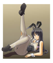 Rule 34 | 1girl, adapted costume, alto-00, animal ears, ass, bare shoulders, black hair, black leotard, breasts, brown eyes, detached collar, fake animal ears, full body, grey background, grey pantyhose, highres, japanese clothes, kantai collection, leg up, leotard, long hair, looking at viewer, low-tied long hair, lying, on back, pantyhose, parted lips, rabbit ears, shoes, shouhou (kancolle), single sleeve, small breasts, solo, white background, wrist cuffs