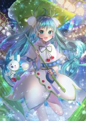 Rule 34 | 1girl, aqua eyes, aqua hair, blush, rabbit, capelet, cherry, commentary, dress, english commentary, flower, food, frilled capelet, frills, fruit, hair flower, hair ornament, hatsune miku, headset, highres, holding, holding leaf, leaf, leaf umbrella, long hair, looking at viewer, narami, night, night sky, rainbow, sky, snowbell (flower), snowflake print, snowflakes, twintails, upper body, very long hair, vocaloid, white dress, yuki miku, yukine (vocaloid)