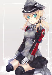 Rule 34 | 10s, 1girl, anchor hair ornament, black thighhighs, blonde hair, blue eyes, breasts, cross, gloves, hair ornament, hat, iron cross, jacket, kantai collection, long hair, long sleeves, microskirt, military, military uniform, open mouth, peaked cap, prinz eugen (kancolle), radegunde, sitting, skirt, smile, solo, thighhighs, twintails, uniform, wariza, white gloves