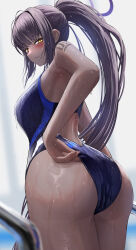 Rule 34 | 1girl, alternate costume, ass, ass focus, back cutout, bare arms, bare shoulders, black hair, blue archive, blue one-piece swimsuit, blush, breasts, closed mouth, clothing cutout, commentary, competition swimsuit, dark-skinned female, dark skin, from behind, halo, highres, huge ass, karin (blue archive), large breasts, long hair, looking at viewer, looking back, one-piece swimsuit, ponytail, silver bullet (ecc12 8), solo, swimsuit, thighs, very dark skin, wet, yellow eyes