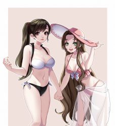 Rule 34 | 2girls, adjusting clothes, adjusting headwear, aerith gainsborough, alternate costume, asymmetrical bangs, bare arms, bikini, black hair, bow, breasts, brown hair, cleavage, final fantasy, final fantasy vii, final fantasy vii remake, green eyes, hair down, hand up, hat, highres, holding hands, large breasts, long hair, medium breasts, midriff, mochee bi, multiple girls, navel, open mouth, parted bangs, parted lips, pink bikini, pink headwear, ponytail, red eyes, see-through, smile, strapless, sun hat, swimsuit, teeth, tifa lockhart, upper body, upper teeth only, wavy hair
