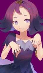 Rule 34 | 1girl, acerola (pokemon), armlet, closed mouth, commentary request, creatures (company), dress, flipped hair, game freak, grey dress, hair ornament, hairclip, hands up, highres, kuroto (cfdg3537), looking at viewer, multicolored clothes, multicolored dress, nintendo, pokemon, pokemon sm, purple background, purple hair, short sleeves, smile, solo, stitches, topknot, torn clothes, torn dress