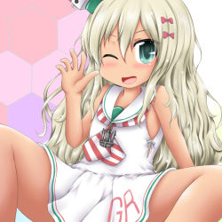 Rule 34 | 1girl, blonde hair, clothes writing, commentary request, dress, feet out of frame, grecale (kancolle), green eyes, grin, hair between eyes, hair ribbon, hat, honeycomb (pattern), honeycomb background, kantai collection, long hair, looking at viewer, mini hat, neckerchief, one eye closed, ouno (nounai disintegration), pink background, ribbon, sailor collar, sailor dress, sitting, sleeveless, sleeveless dress, smile, solo, striped neckerchief, striped neckwear, tan, two-tone background, waving, white dress, white sailor collar