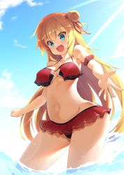 Rule 34 | 1girl, akai haato, akai haato (hololive summer 2019), arm cuffs, armpit peek, bare legs, bikini, blonde hair, blue eyes, blue sky, blush, breast curtains, breasts, cleavage, cloud, cloudy sky, commentary, contrapposto, day, frilled bikini, frills, hair bun, hair ornament, hair ribbon, halterneck, heart, heart hair ornament, highres, hololive, hoppege, light rays, long hair, looking at viewer, medium breasts, midriff, navel, ocean, open mouth, outdoors, outstretched hand, reaching, reaching towards viewer, red bikini, red ribbon, ribbon, side bun, single hair bun, single side bun, sky, smile, solo, standing, sunlight, swimsuit, thighs, underboob, virtual youtuber, wading