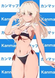 Rule 34 | 1girl, adapted costume, bikini, black bikini, black ribbon, blonde hair, breasts, checkered background, cleavage, commentary request, cowboy shot, front-tie top, hair flaps, hair ornament, hair ribbon, hairclip, highres, kantai collection, long hair, looking at viewer, medium breasts, navel, red eyes, ribbon, scarf, solo, standing, swimsuit, unakyu, white scarf, yuudachi (kancolle), yuudachi kai ni (kancolle)