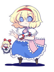 Rule 34 | 1girl, alice margatroid, apron, black dress, blonde hair, blue dress, blue eyes, blush, book, boots, bow, bowtie, brown footwear, capelet, chahan (fried rice0614), chibi, dress, frilled apron, frilled capelet, frilled dress, frilled ribbon, frills, full body, hairband, hand up, highres, holding, holding book, long sleeves, looking at viewer, neck ribbon, pink ribbon, red bow, red bowtie, red hairband, ribbon, shadow, shanghai doll, short hair, simple background, smile, solo, spread fingers, standing, touhou, waist ribbon, white apron, white background, white capelet